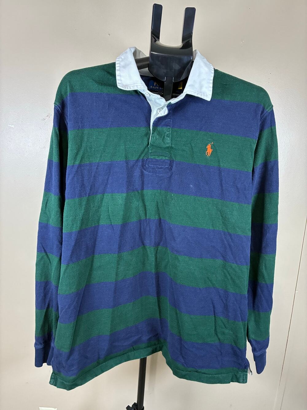 Polo Ralph Lauren Men's Rugby Shirt Size XL Vtg Orange Pony Green Blue Striped